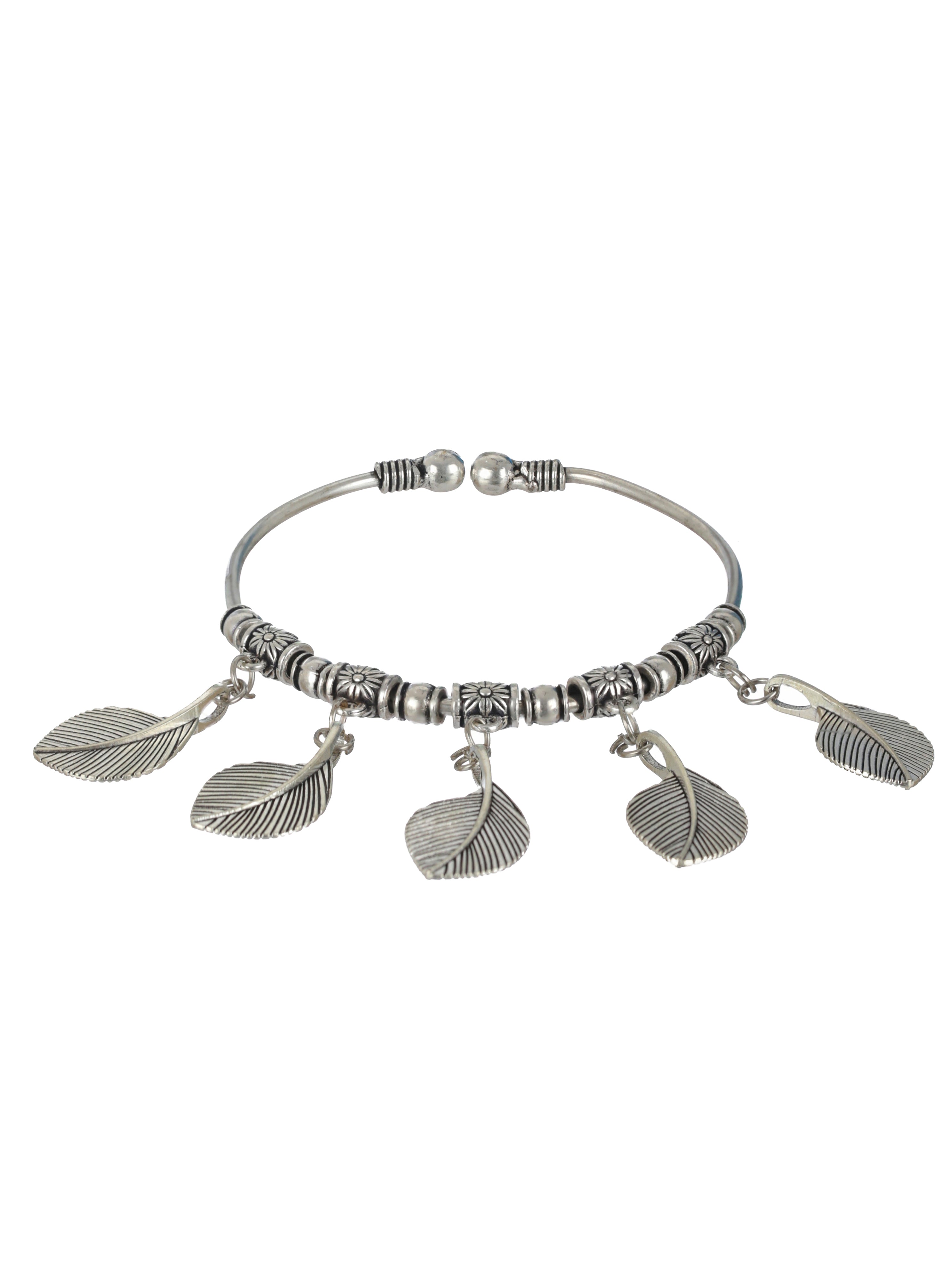 Women Oxidised Silver-Toned & Oxidised Tribal Brass Leaf Charm Bracelet