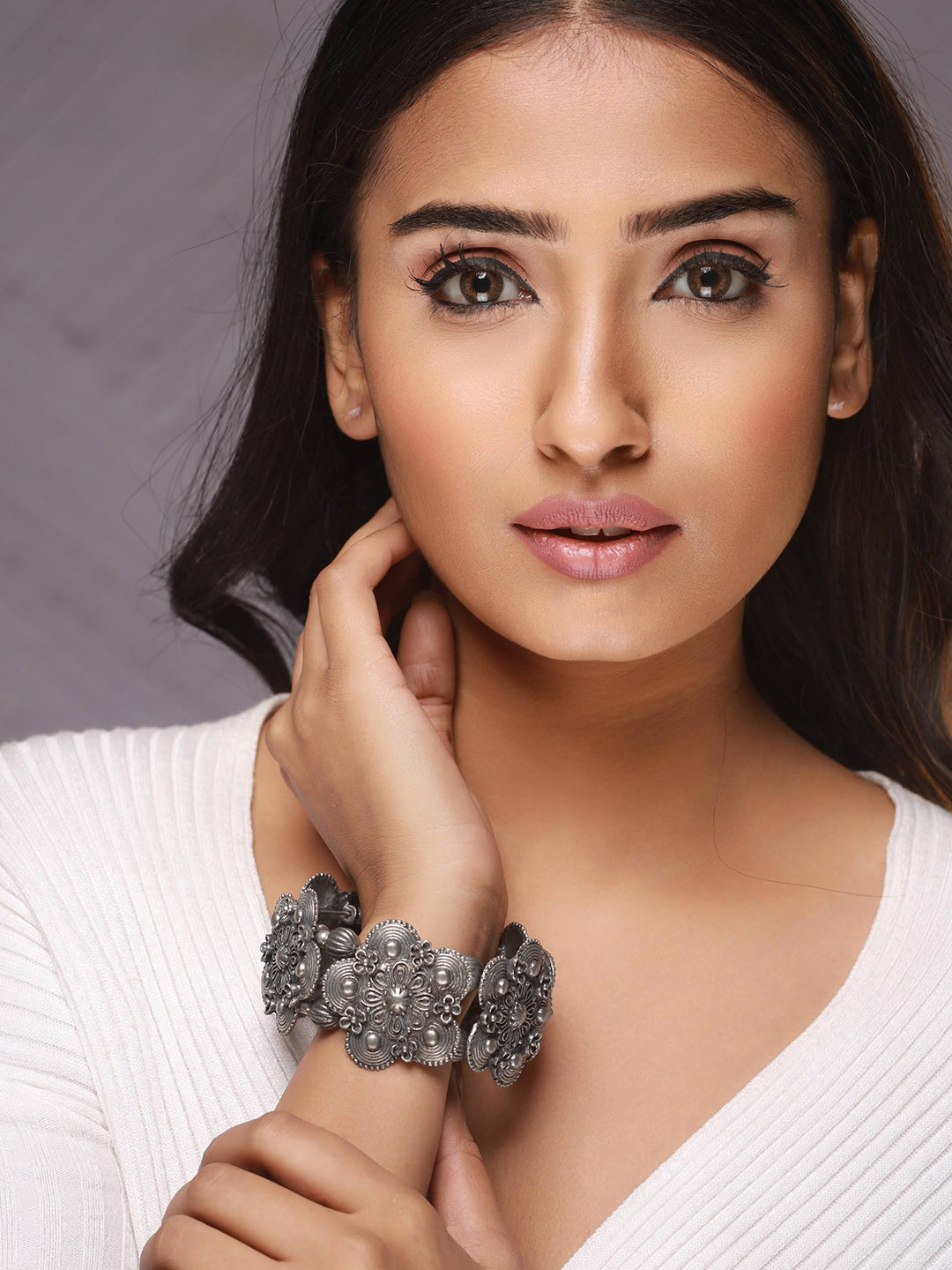 Women Silver-Toned Oxidised Bangle-Style Bracelet