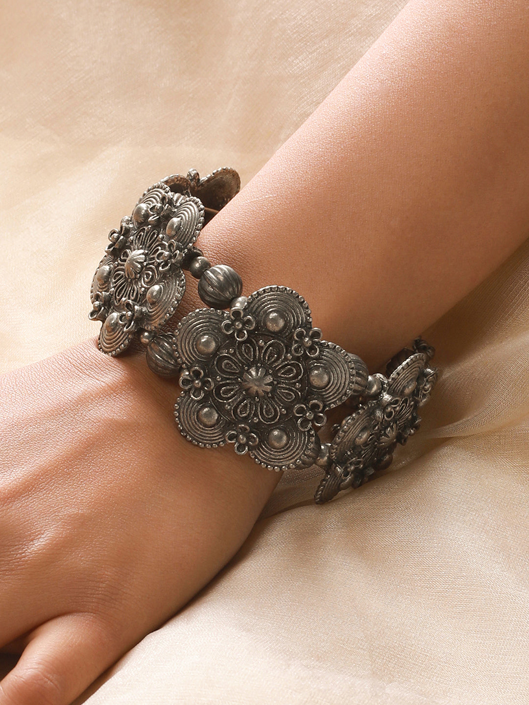 Women Silver-Toned Oxidised Bangle-Style Bracelet