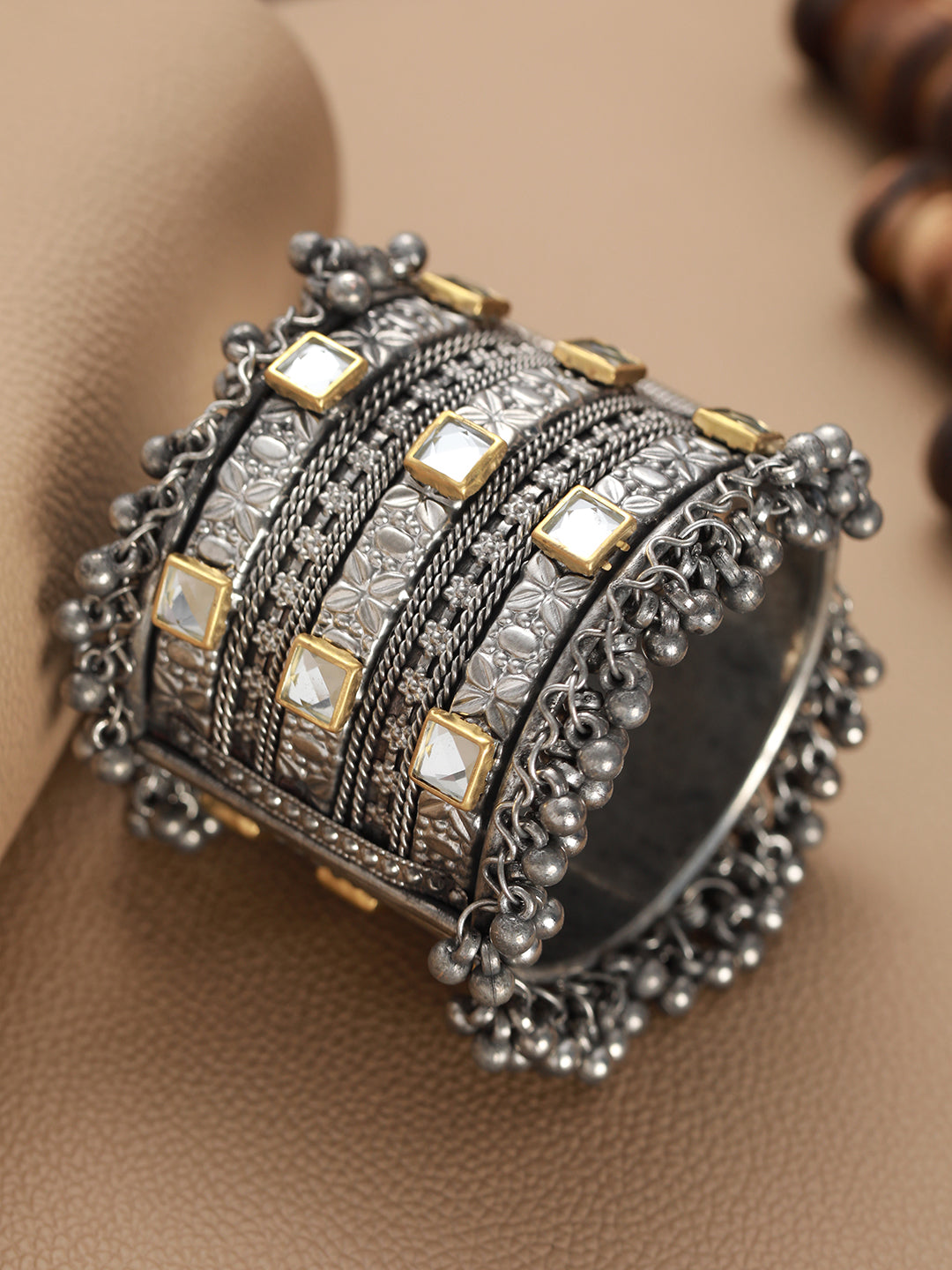 Silver-Plated & Gold Toned Kundan Studed Oxidized Tribal Ghungroo Cuff Bracelet