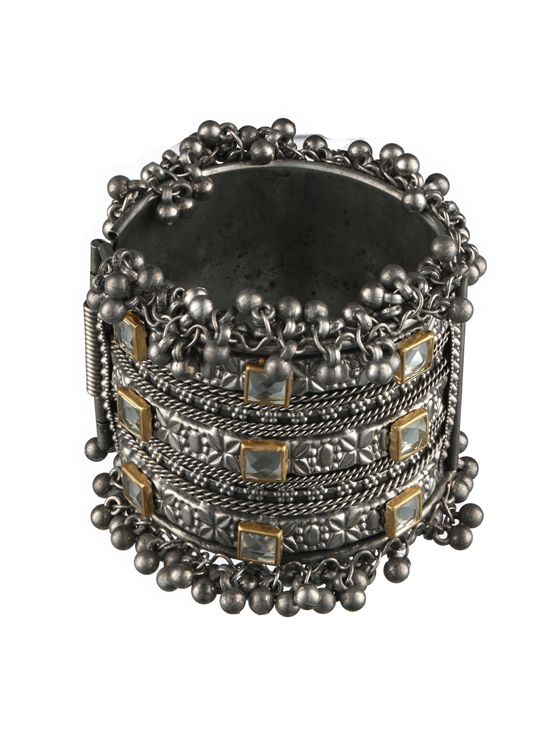 Silver-Plated & Gold Toned Kundan Studed Oxidized Tribal Ghungroo Cuff Bracelet