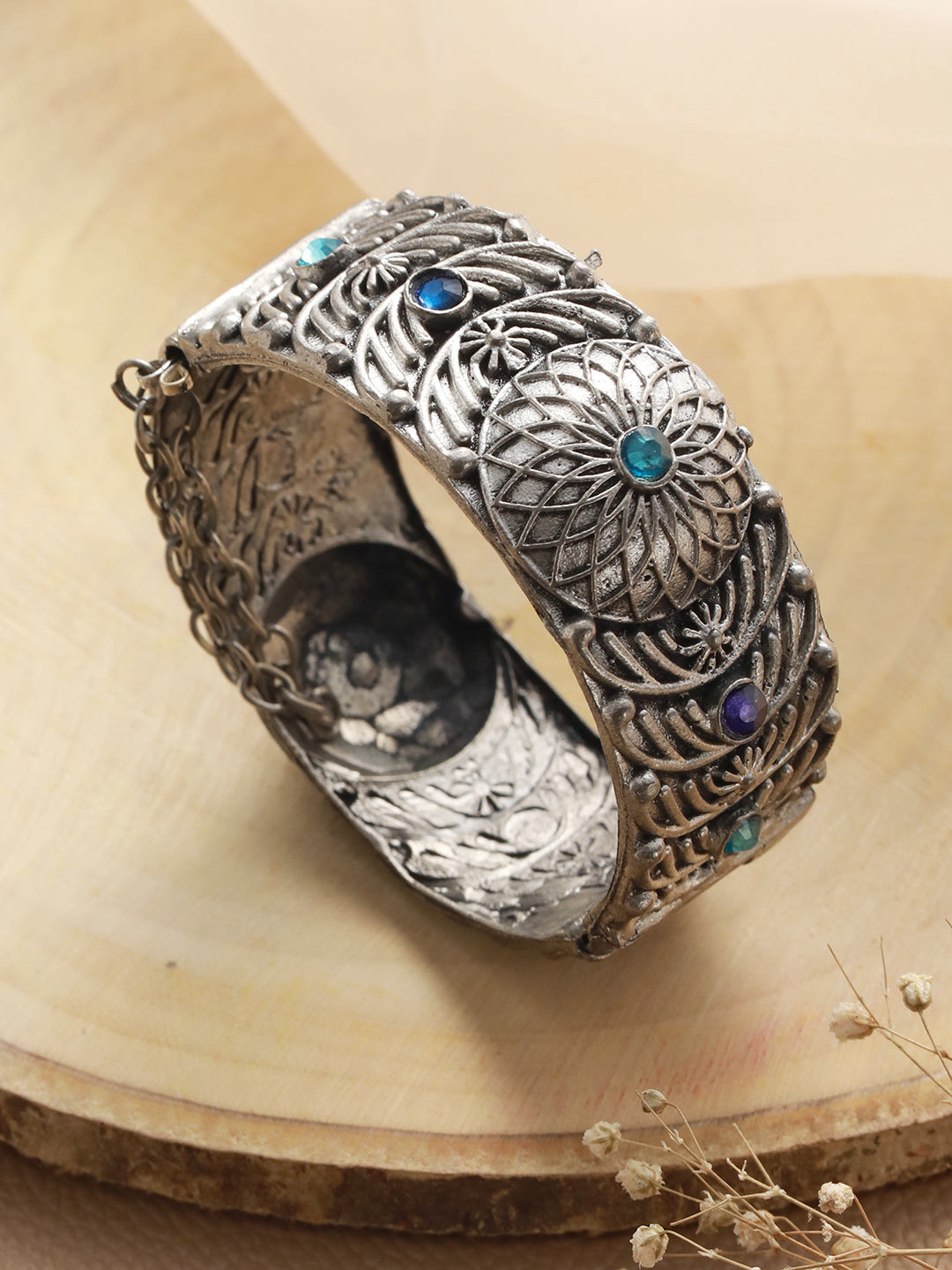 Oxidized Silver-Plated & Blue Stone Studed Antique Dome Shaped Bangle Style Bracelet