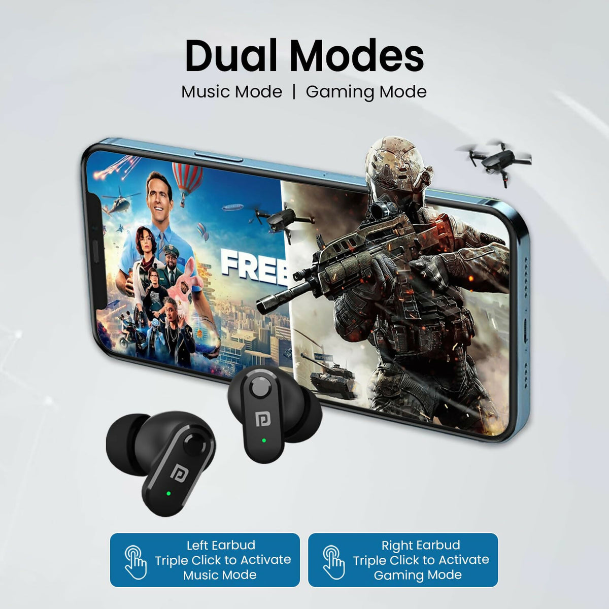 Portronics Harmonics S16 TWS Wireless Earbuds with 24H Playtime, Bluetooth 5.3, Gaming Mode & LED Display – Black