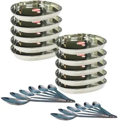 SHINI LIFESTYLE Stainless-Steel Khumcha Dinner Plate / Steel plate/Snack Plate 12pc with Table Spoon 12 pcs Combo pack (Set of 24pcs) - HalfPe