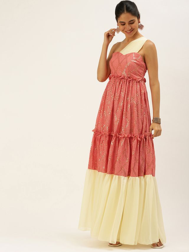 Bollywood Vogue Ready To Wear Peach N White Embroidered Tiered Maxi Dress