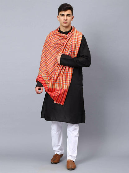 Orange Blue Multicolour Check Shawl - HalfPe