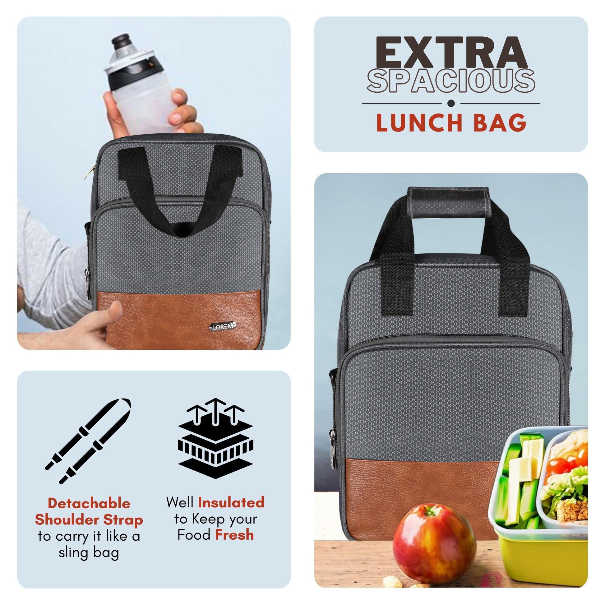 Grey Design-Tan Faux Leather & PVC with Detachable strap Tiffin bag - HalfPe