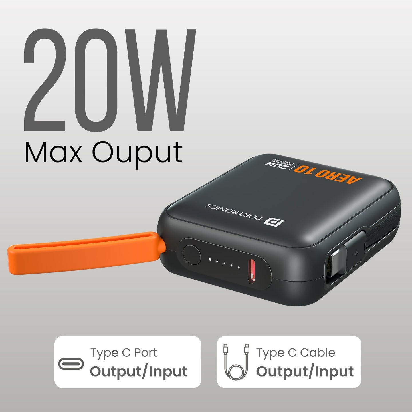 Portronics Aero 10 10000 mAh 20W Fast Charging Mini Power Bank with Detachable Type C Cable, Type C PD Input/Output Port, LED Indicator, Wake Up Button, Strong Lanyard, Light Weight (Black)