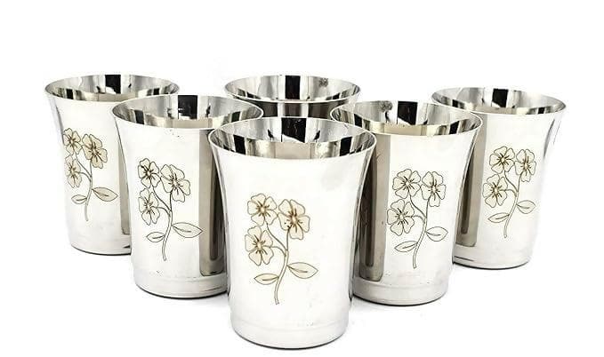 SHINI LIFESTYLE Stainless Steel Glass, Laser Design, Floral Pattern Glass Set Water/Juice Glass (350 ml, Steel, Silver) (6) - HalfPe