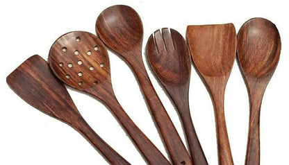 Wood Chop Sheesham Wood Serving Spoons Spatula for Non Stick Cookware (Set of 6) - HalfPe