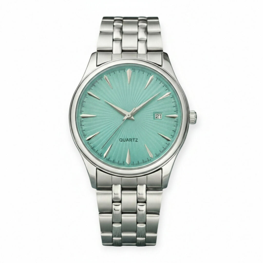 LOREM Men’s Stainless Steel Analog Watch with Mint Green Dial, Quartz Movement, Date Display & Metal Strap LOREM