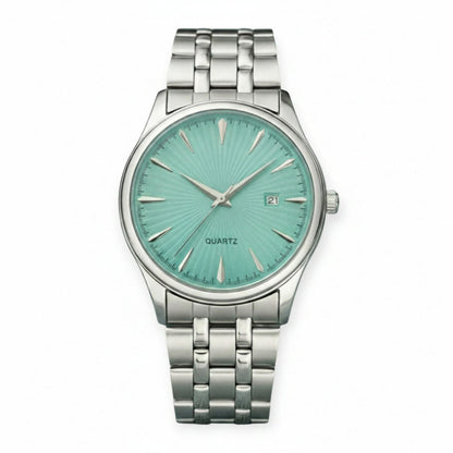 LOREM Men’s Stainless Steel Analog Watch with Mint Green Dial, Quartz Movement, Date Display & Metal Strap LOREM