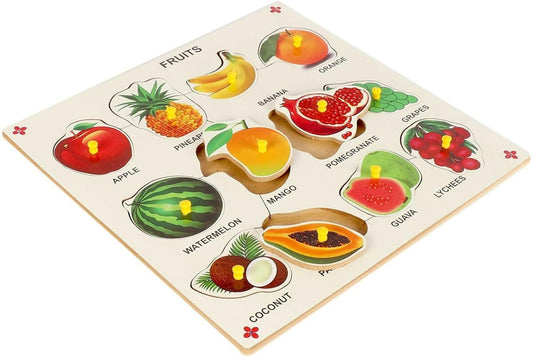 AV MART Kids Educational Fruit Name Puzzle on Wooden Board (12 Different Fruits) (12X12 INCH) - HalfPe