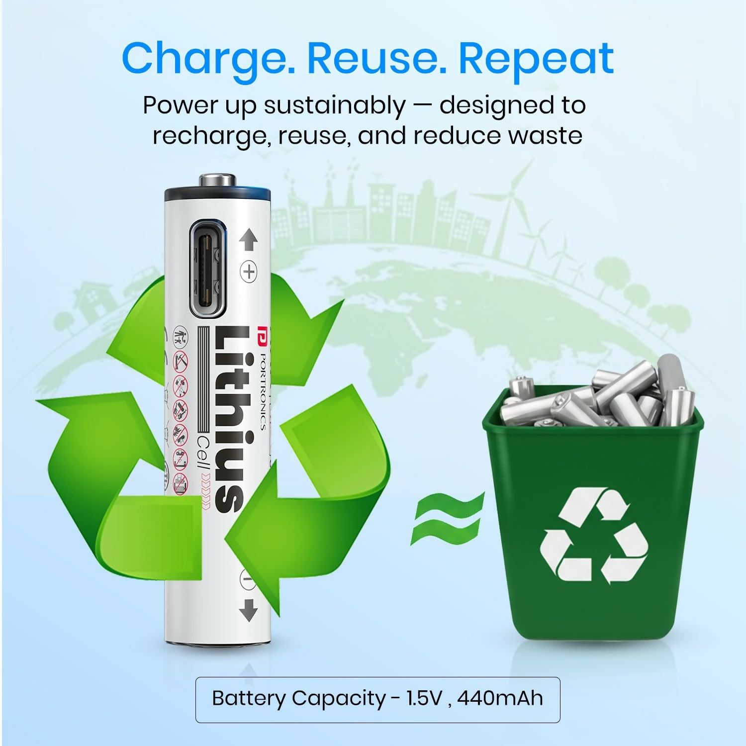 Portronics AAA Lithius Type-C Rechargeable Batteries Pack of 2 | Lithium-Ion, 440mAh, 1.5V, Low Self-Discharge, White