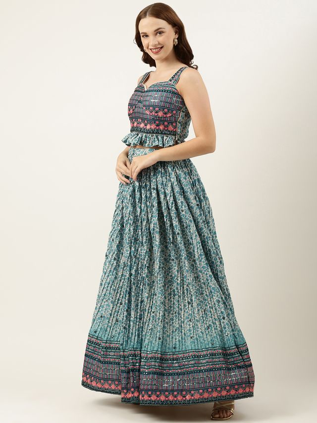 Bollywood Vogue Ready To Wear Cream and Blue Printed N Embroidered Skirt Set