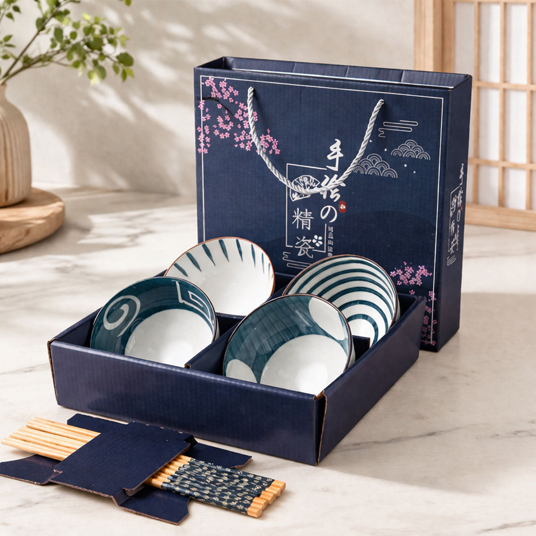 Rioware 300ml Ceramic Bowl Set of 4 with 8 Chopsticks | 11.3 cm Snack & Rice Bowls | Microwave & Dishwasher Safe | BPA & Lead-Free | Ideal for Dal, Fruits, Salad & Serving- Ocean Mist