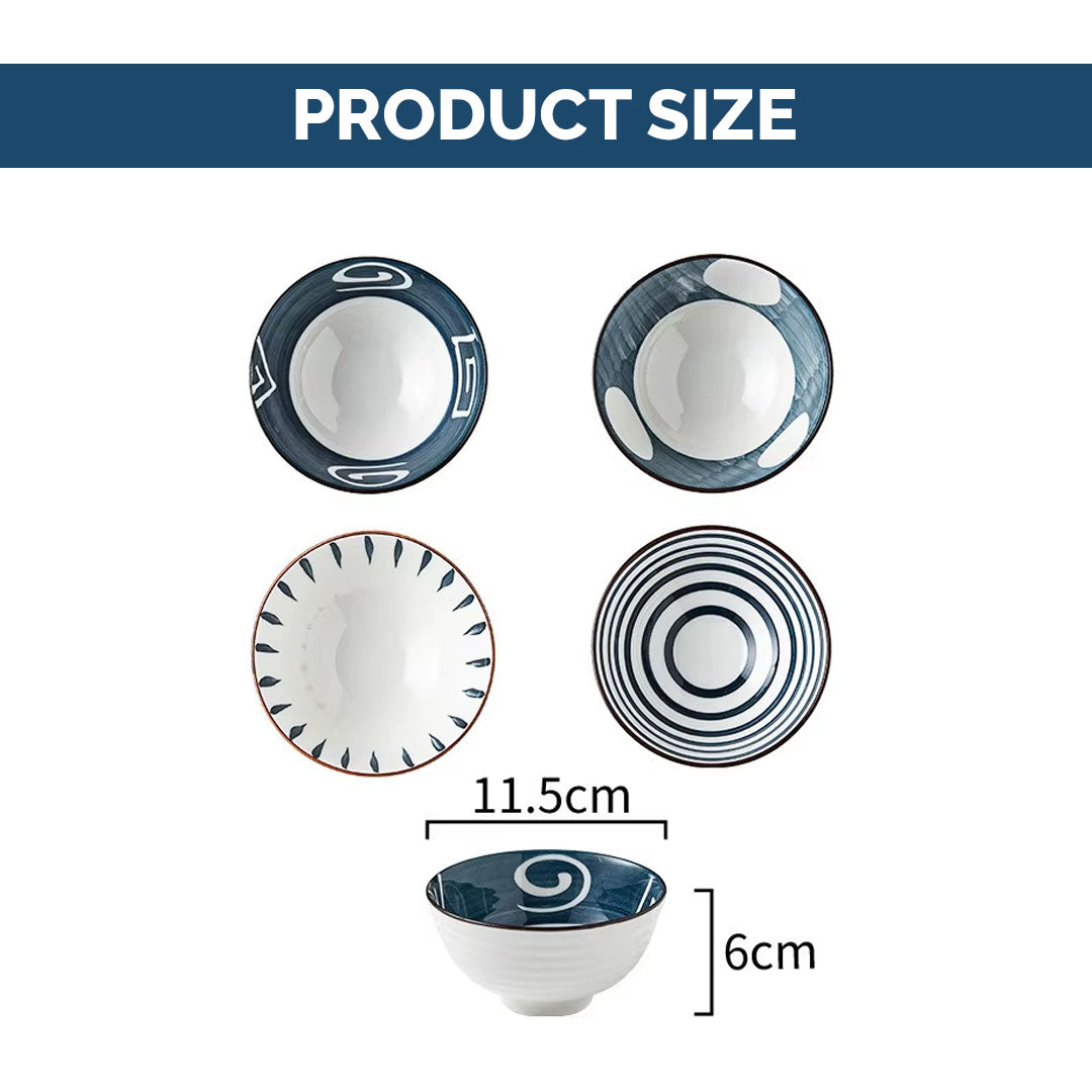Rioware 300ml Ceramic Bowl Set of 4 with 8 Chopsticks | 11.3 cm Snack & Rice Bowls | Microwave & Dishwasher Safe | BPA & Lead-Free | Ideal for Dal, Fruits, Salad & Serving- Ocean Mist