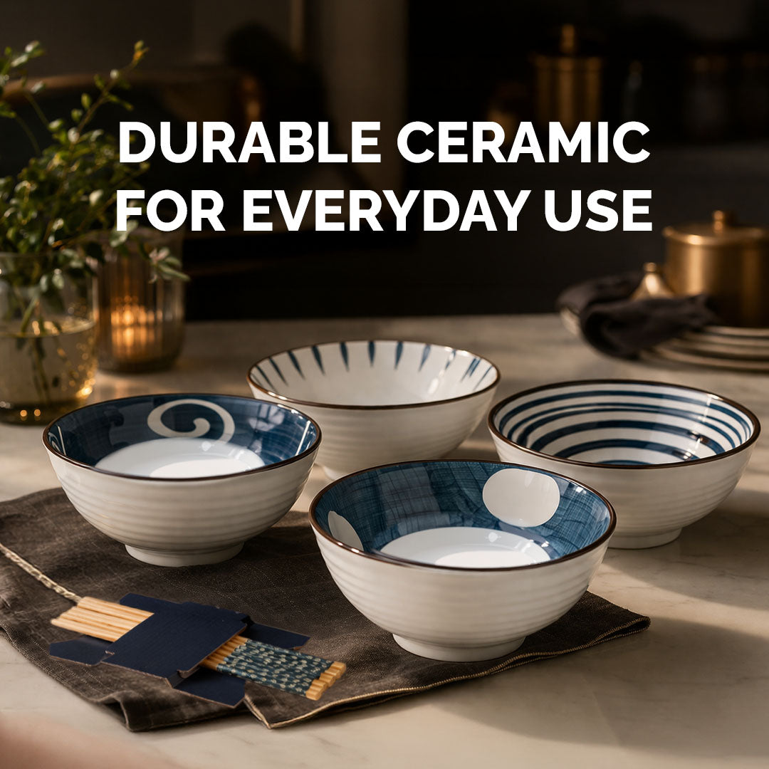 Rioware 300ml Ceramic Bowl Set of 4 with 8 Chopsticks | 11.3 cm Snack & Rice Bowls | Microwave & Dishwasher Safe | BPA & Lead-Free | Ideal for Dal, Fruits, Salad & Serving- Ocean Mist