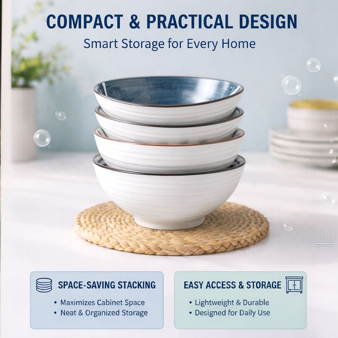 Rioware 300ml Ceramic Bowl Set of 4 with 8 Chopsticks | 11.3 cm Snack & Rice Bowls | Microwave & Dishwasher Safe | BPA & Lead-Free | Ideal for Dal, Fruits, Salad & Serving- Ocean Mist