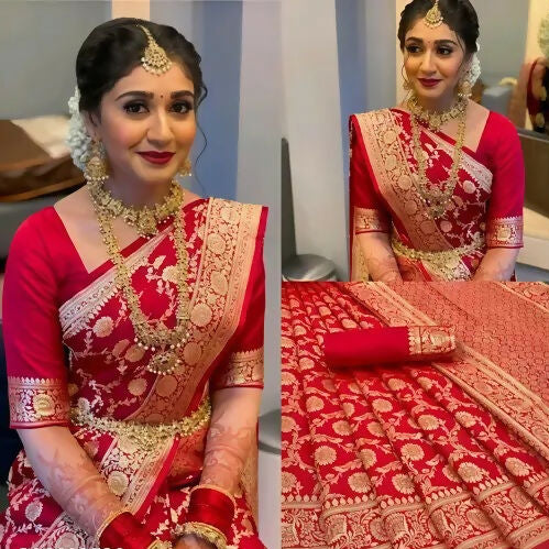 AXONIT Premium Bridal Banarasi Silk Saree in Red with Intricate Gold Zari Floral Design