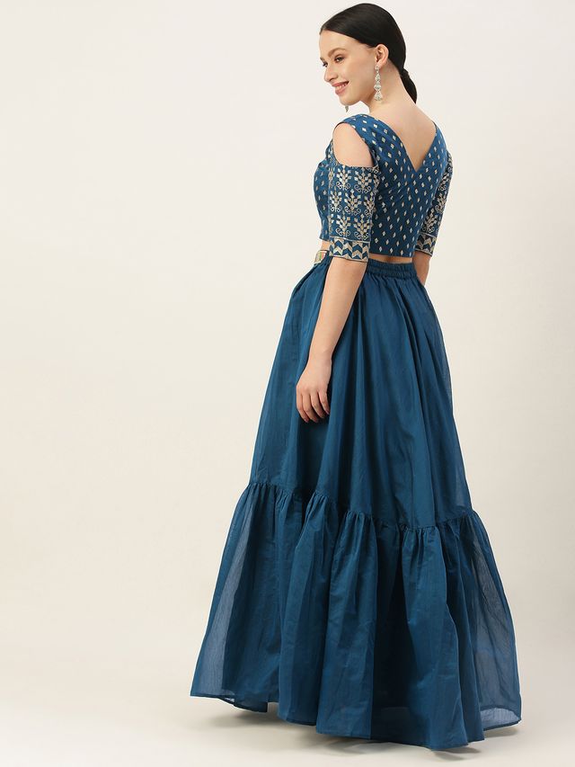 Bollywood Vogue Ready To Wear Blue Chanderi Embroidered Blouse N Blue Skirt