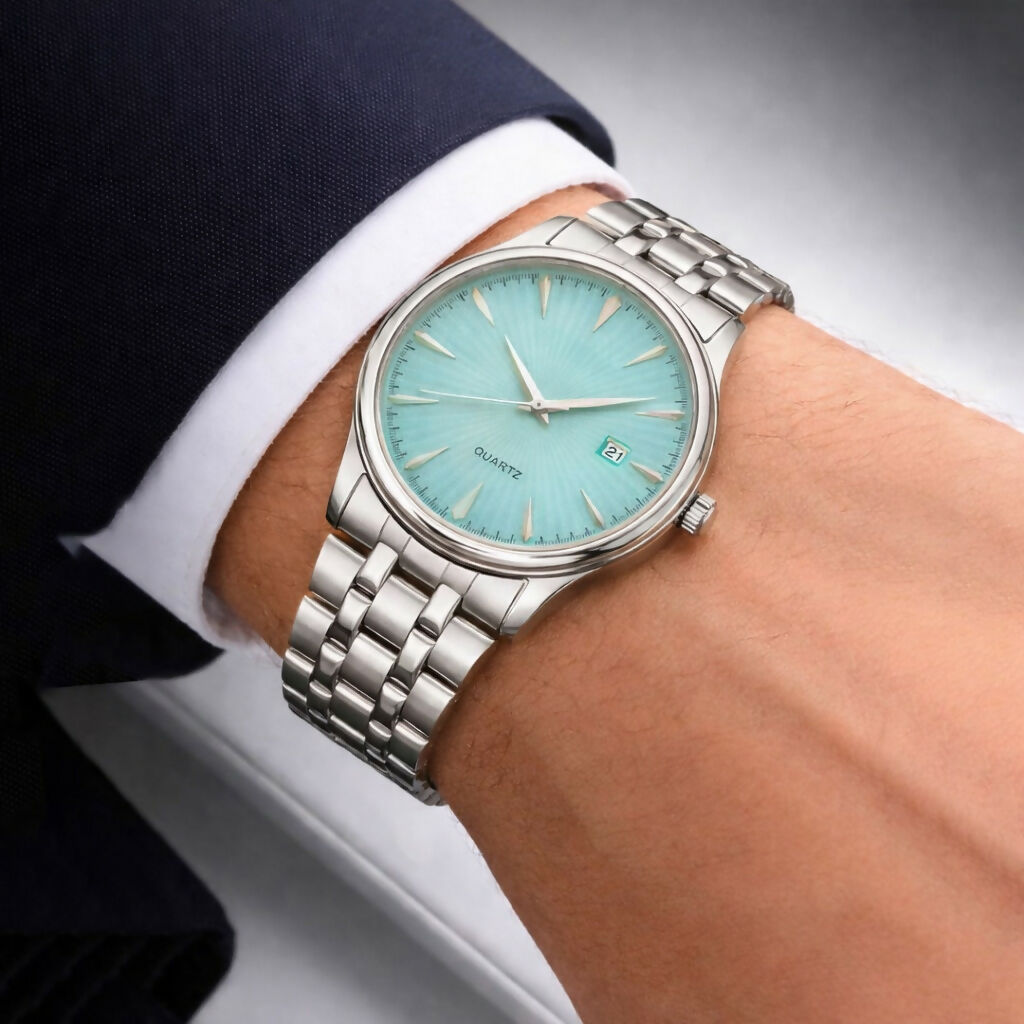 LOREM Men’s Stainless Steel Analog Watch with Mint Green Dial, Quartz Movement, Date Display & Metal Strap LOREM