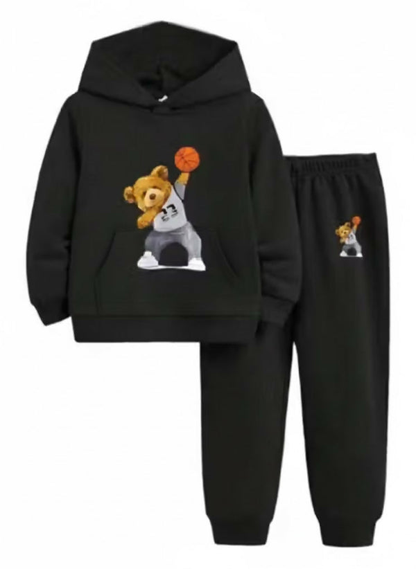Kids' Black Hoodie and Joggers Set with Basketball Bear Print Luck Fashion