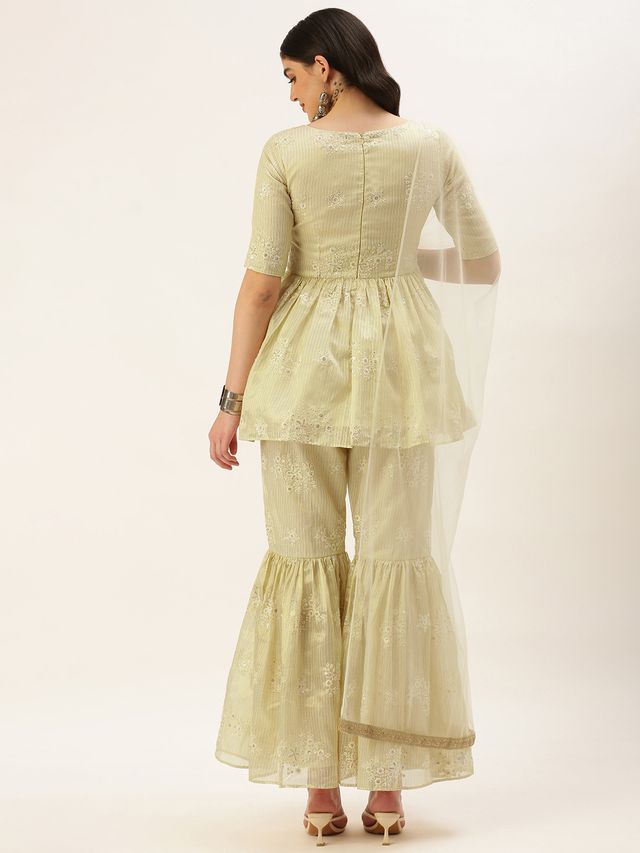 Bollywood Vogue Ready To Wear Beige Art Silk Embroidered Gharara Set