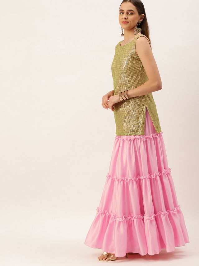 Bollywood Vogue Ready To Wear Beige Net Beads Embroidery Skirt and Top