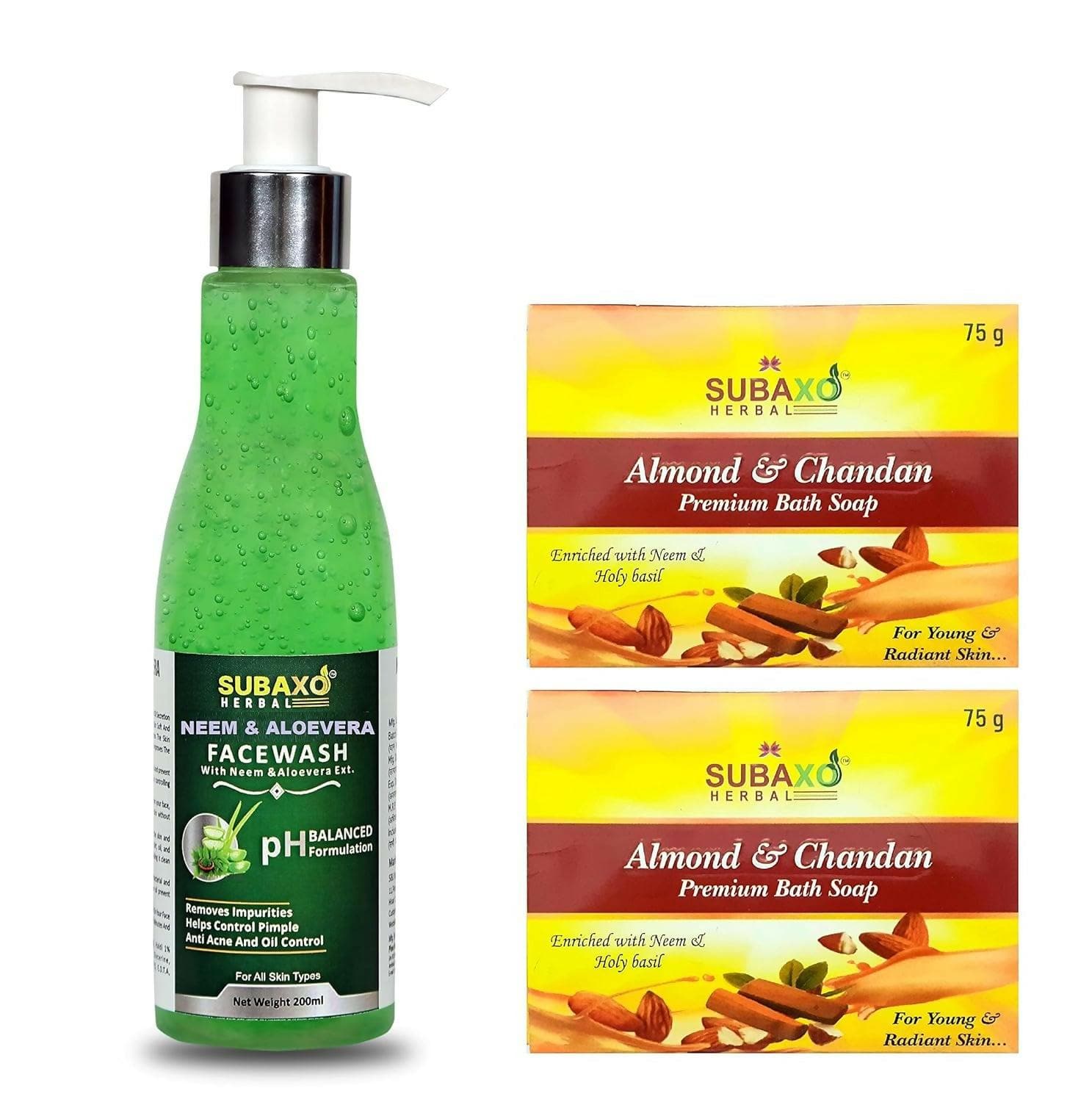 Subaxo Herbal Almond (75 gm Each, Pack Of 2) & Chandan Soap + Neem Aloe Vera Face Wash (200ml,Combo) - HalfPe