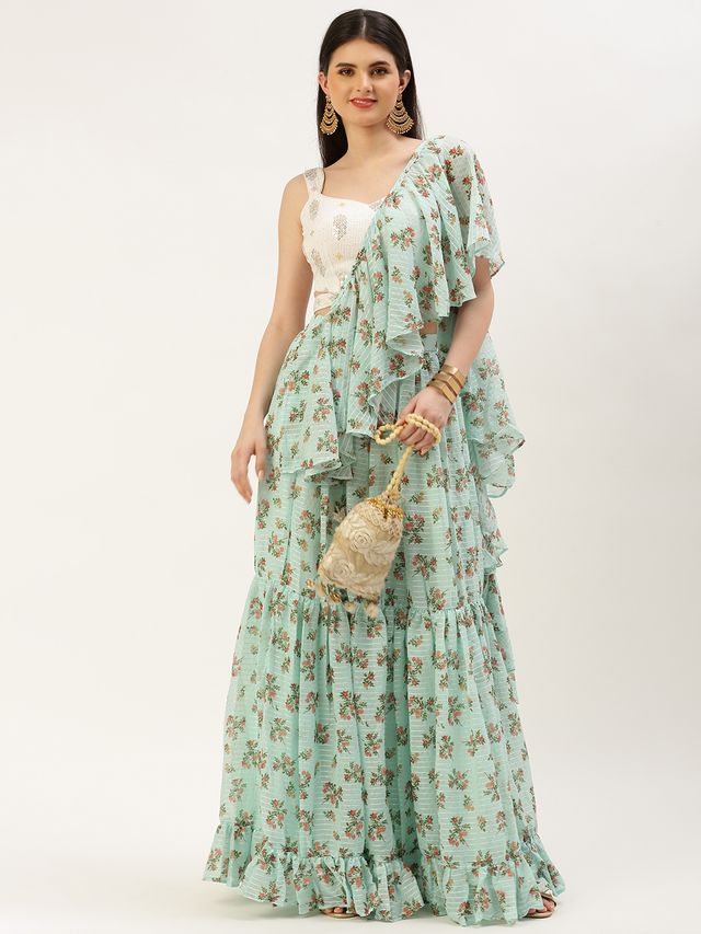 Bollywood Vogue Ready To Wear Mint Green Georgette Digital Printed Lehenga Set