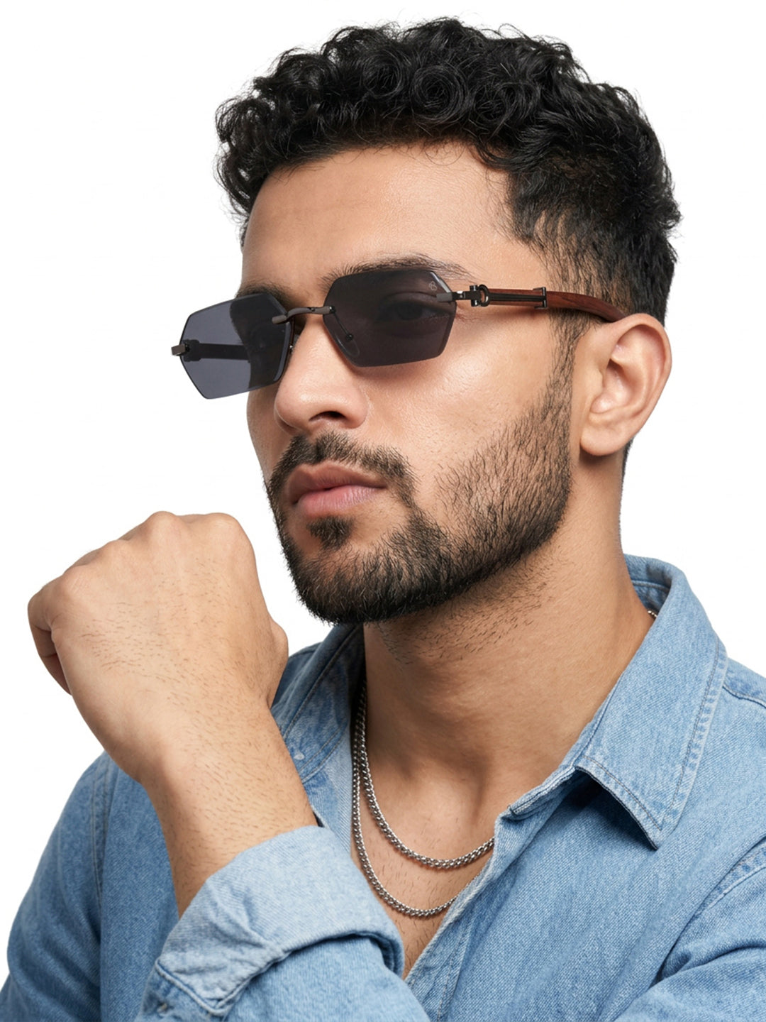 Essence Steel Gun Metal Rimless Sunglasses for Men and Women - worn by a male model (image 1)