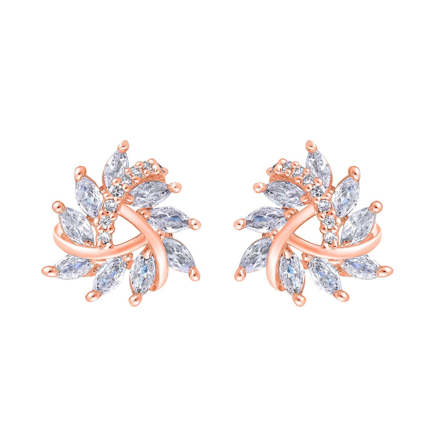 Jazz And Sizzle Rose Gold-Plated CZ Studded Triangular Floral Studs Earrings