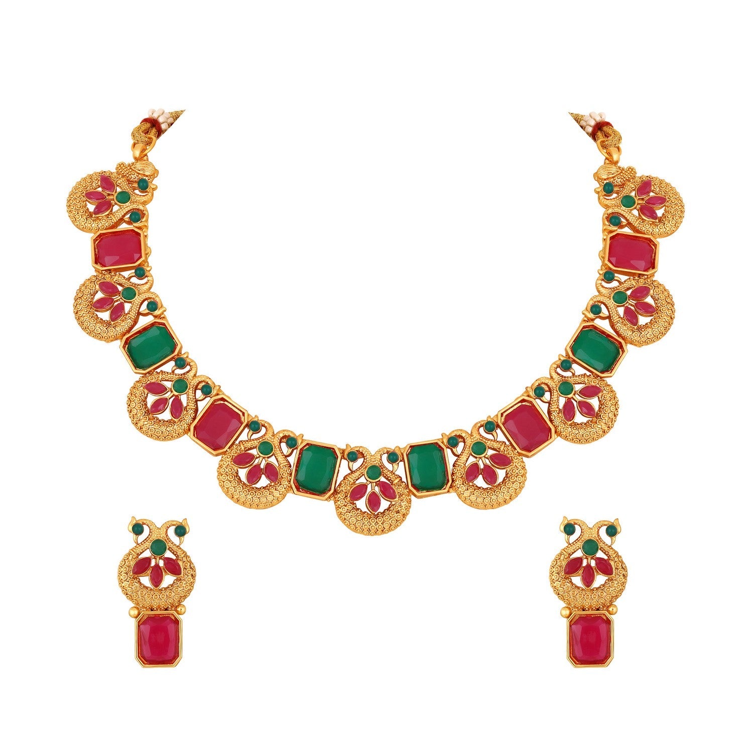 Jazz And Sizzle Gold-Plated Red & Green Stone Studded- Peacock Necklace Set