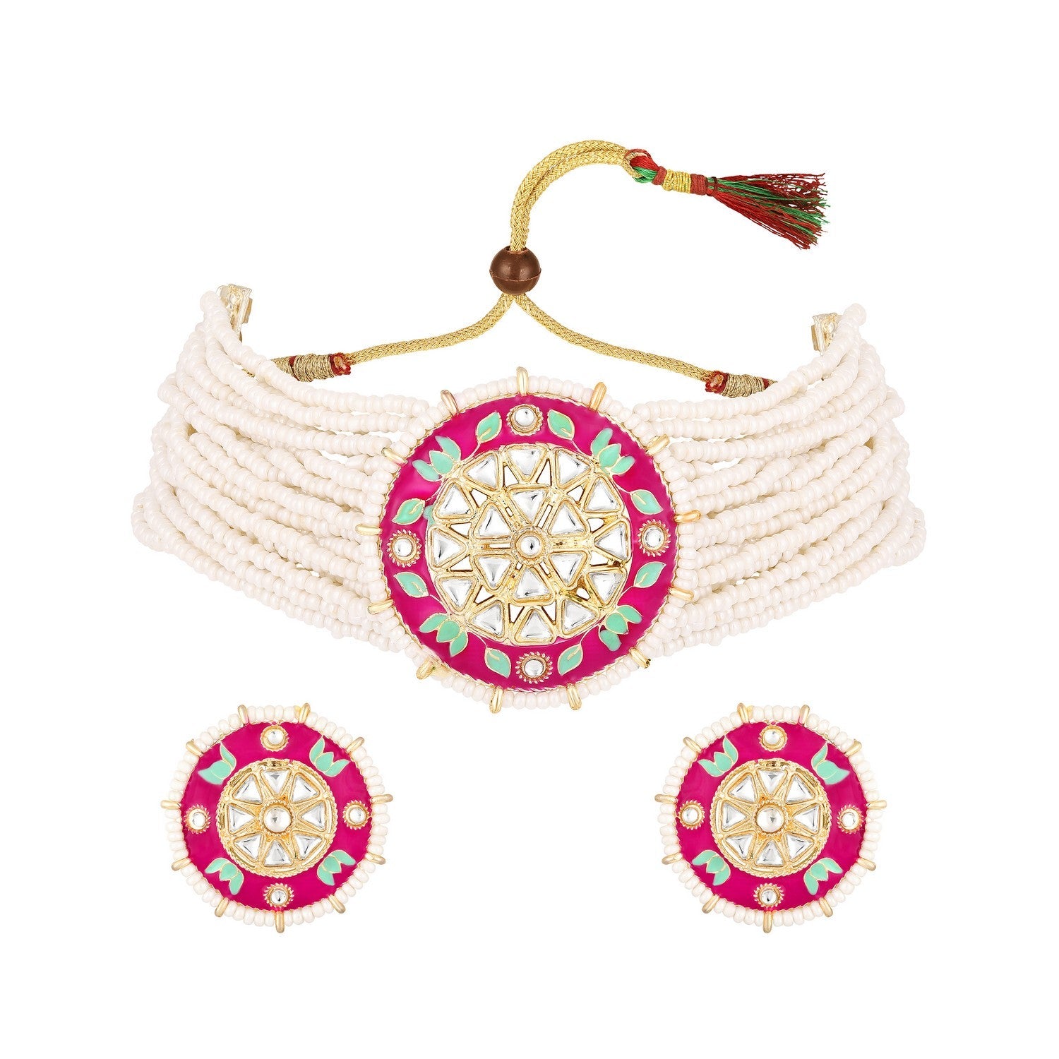 Jazz And Sizzle Gold-Plated Green & Pink Meenakari Work Floral Multistrand Jewellery Set