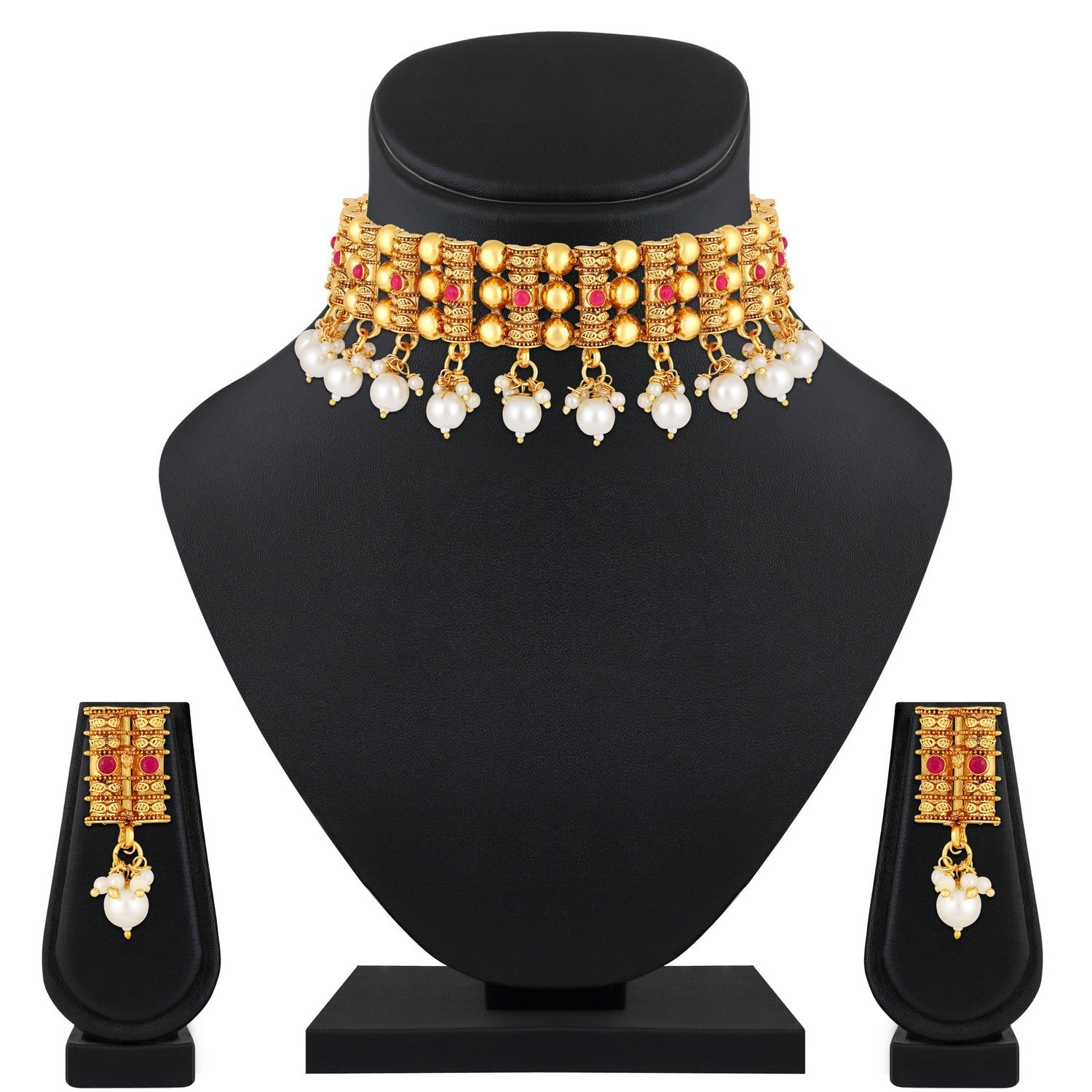 Jazz And Sizzle Gold-Plated Stone -Studded & Pearl Beaded Necklace & Earrings Set