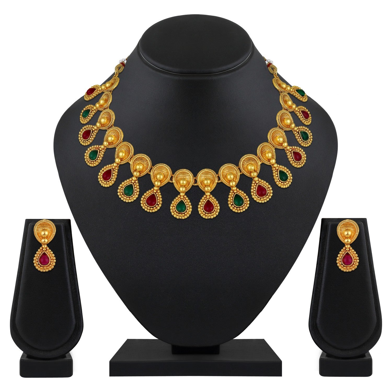 Jazz And Sizzle Gold Plated Artificial Stones Studded Antique Necklace & Earrings Set