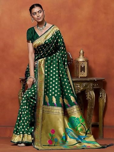 AXONIT Green Soft Silk Saree with Golden Zari Polka & Peacock Pallu