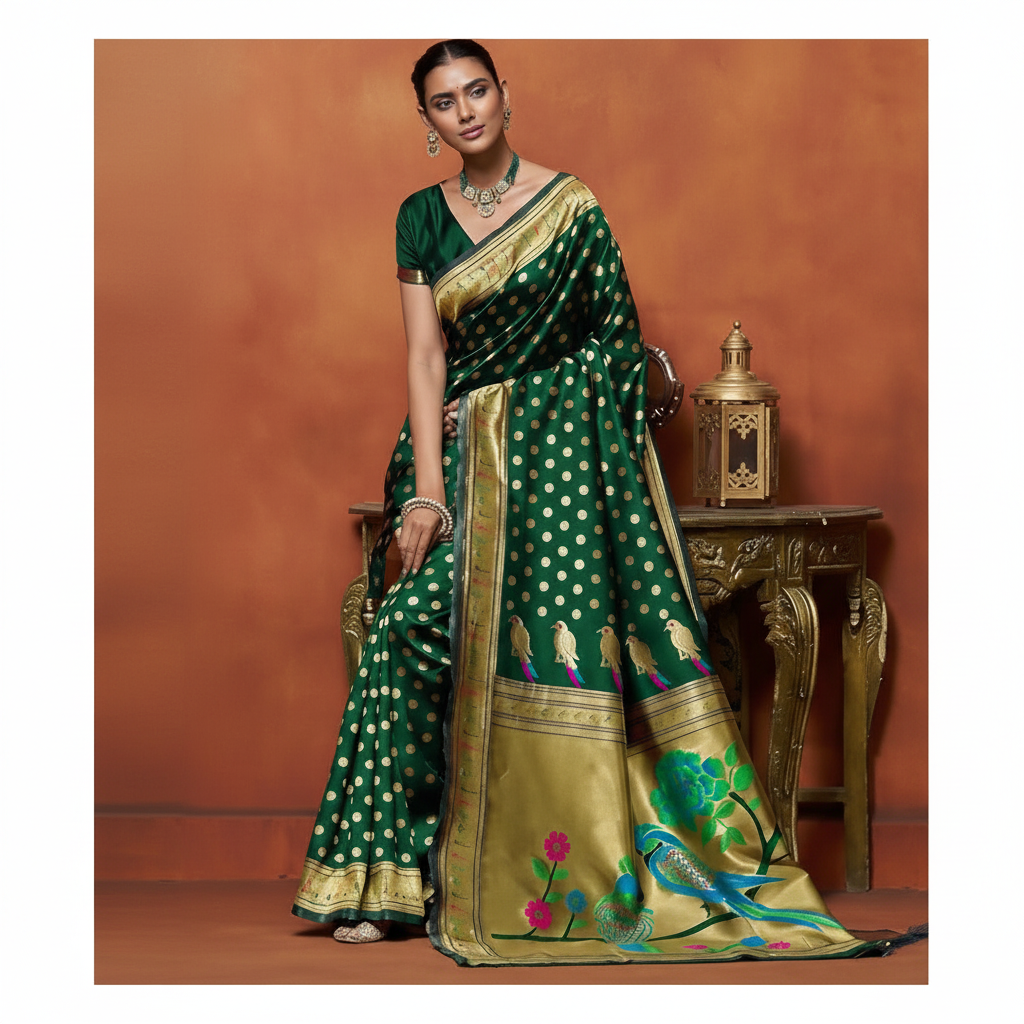 AXONIT Green Soft Silk Saree with Golden Zari Polka & Peacock Pallu Axonit