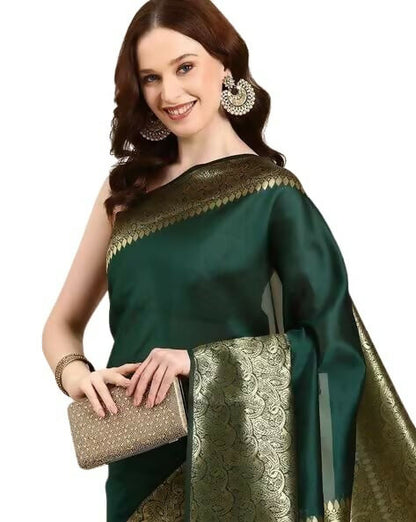 AXONIT Emerald Elegance Jacquard Silk Saree with Rich Gold Zari Pallu