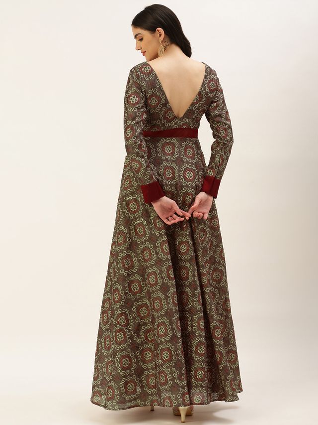 Bollywood Vogue Ready To Wear Grey Digital Print Art Silk Gown