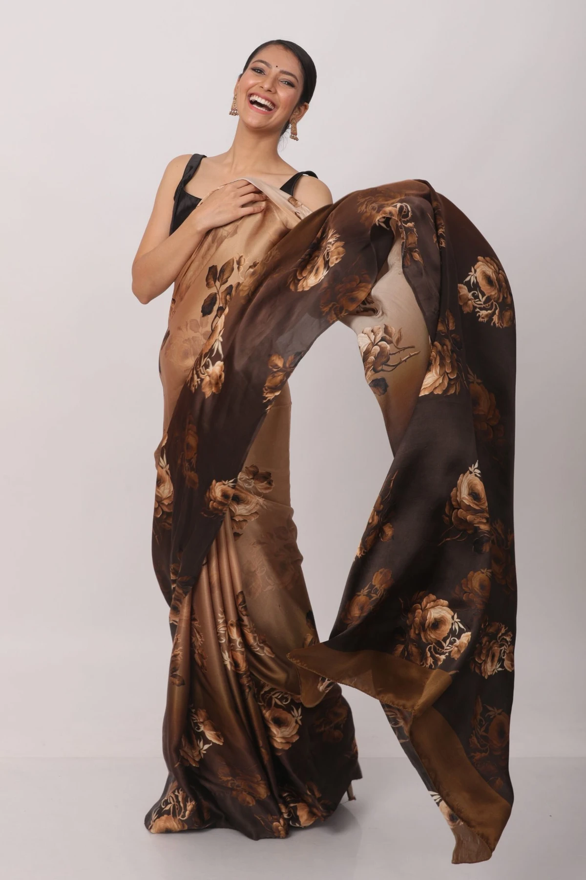 Floral Printed Heavy Satin Sarees With Plain Blouse