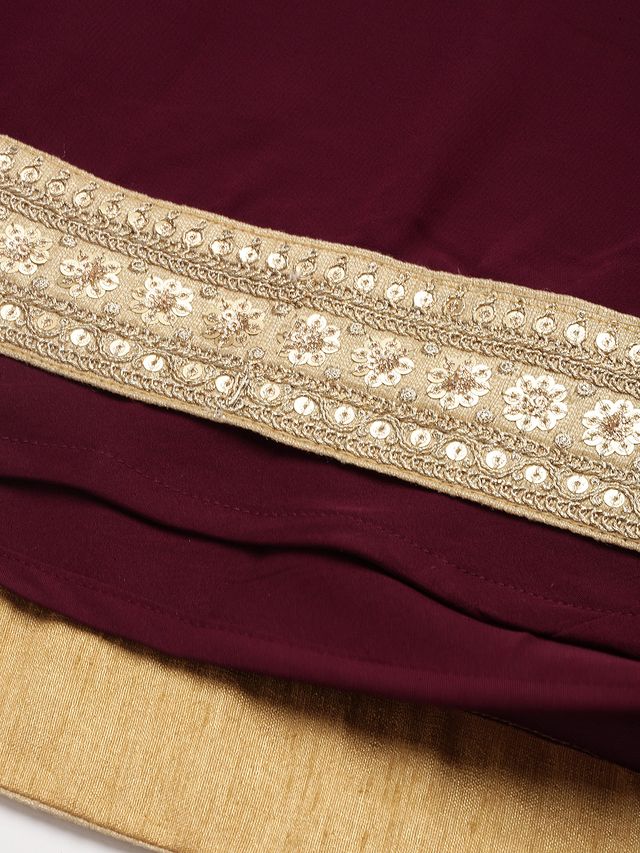 Bollywood Vogue Ready To Wear Pink Jacquard N Burgundy Georgette Lehenga