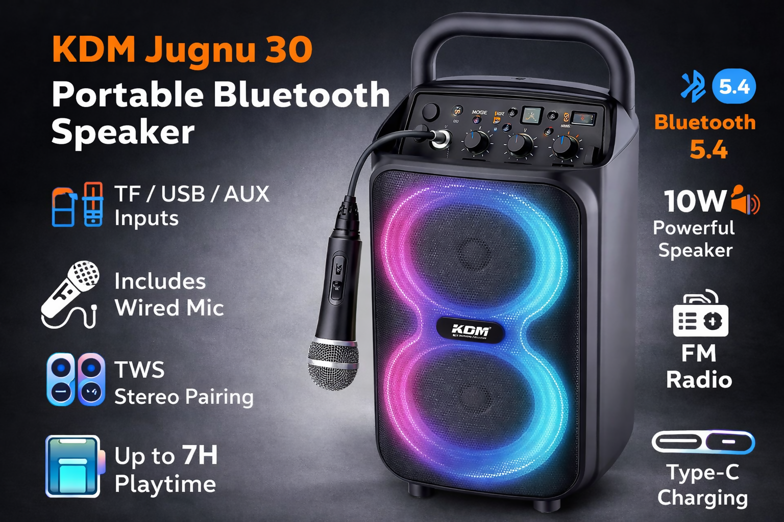 KDM 30 Jugnu Portable Bluetooth Speaker with Wired Mic – 10W Output, Bluetooth 5.4, 7H Playtime, TWS Stereo, FM/TF/USB/AUX, Type-C Charging (Multicolour) Dreams Gadgets