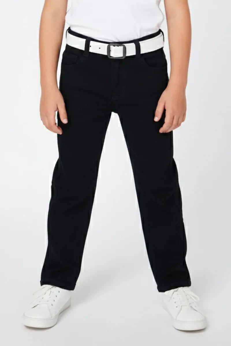 Boy's Denim Solid Casual Jeans with White Belt - Black - View 1