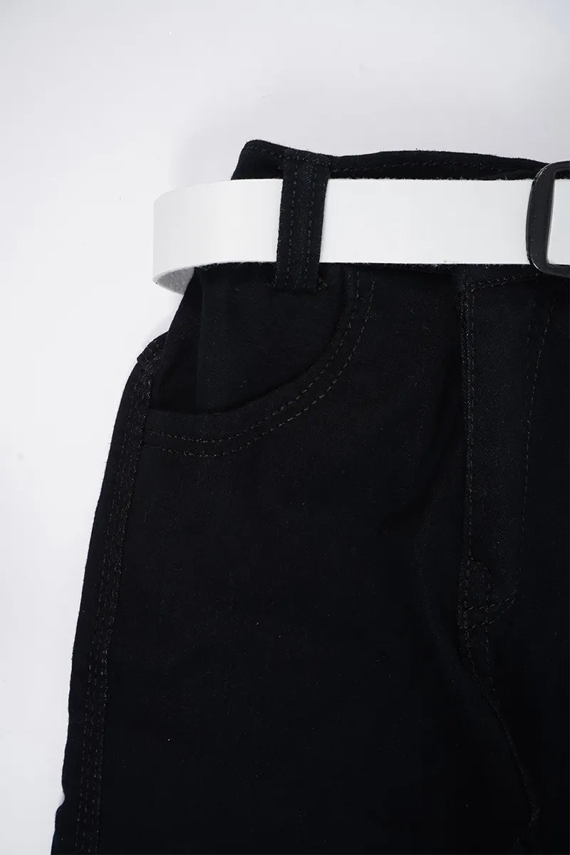 Boy's Denim Solid Casual Jeans with White Belt - Black - View 2