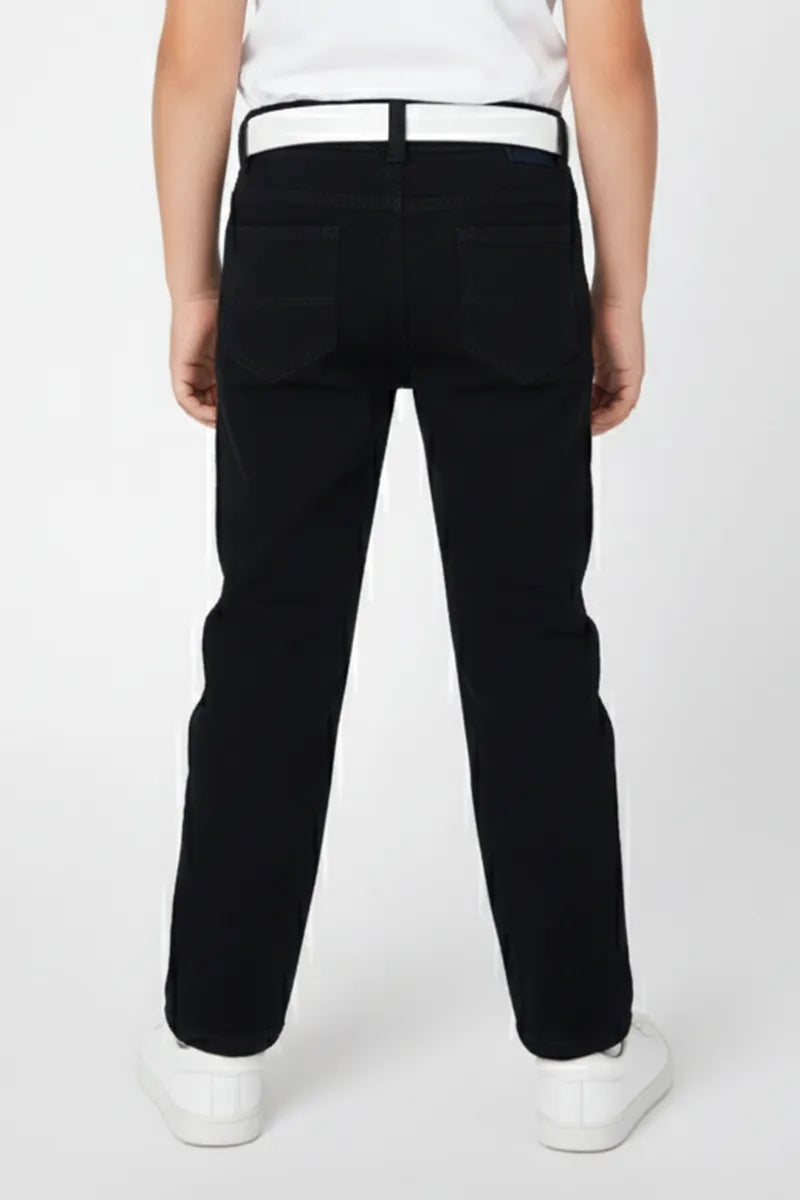 Boy's Denim Solid Casual Jeans with White Belt - Black - View 3