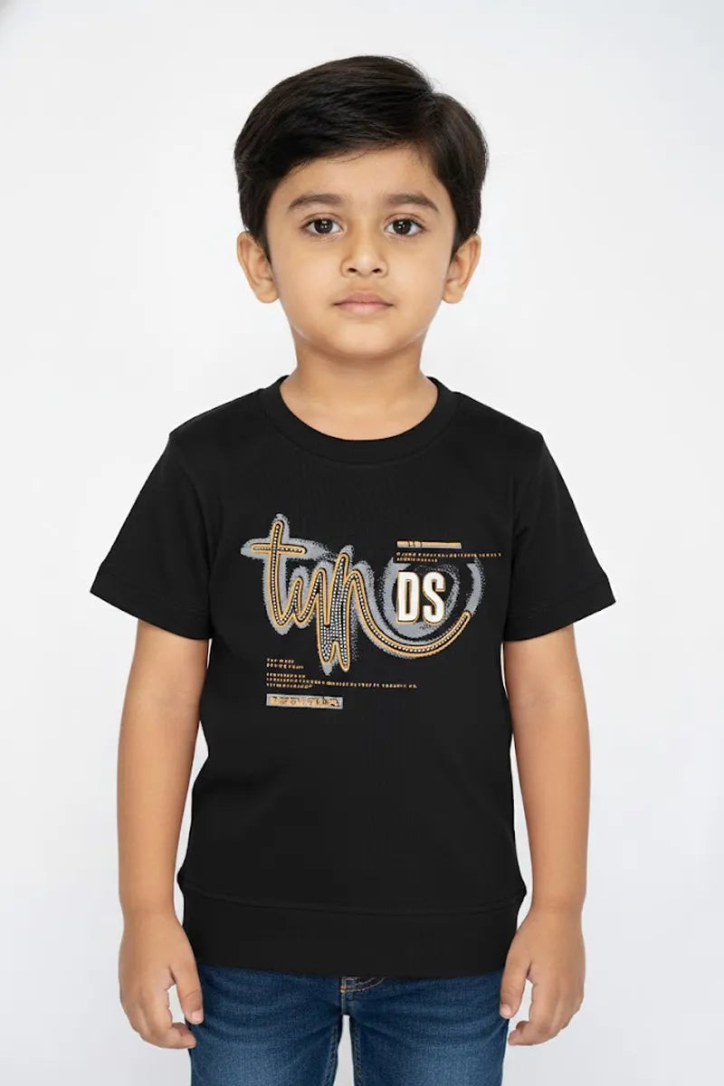 Boy's Cotton Blend Printed T-Shirt - Black - View 1