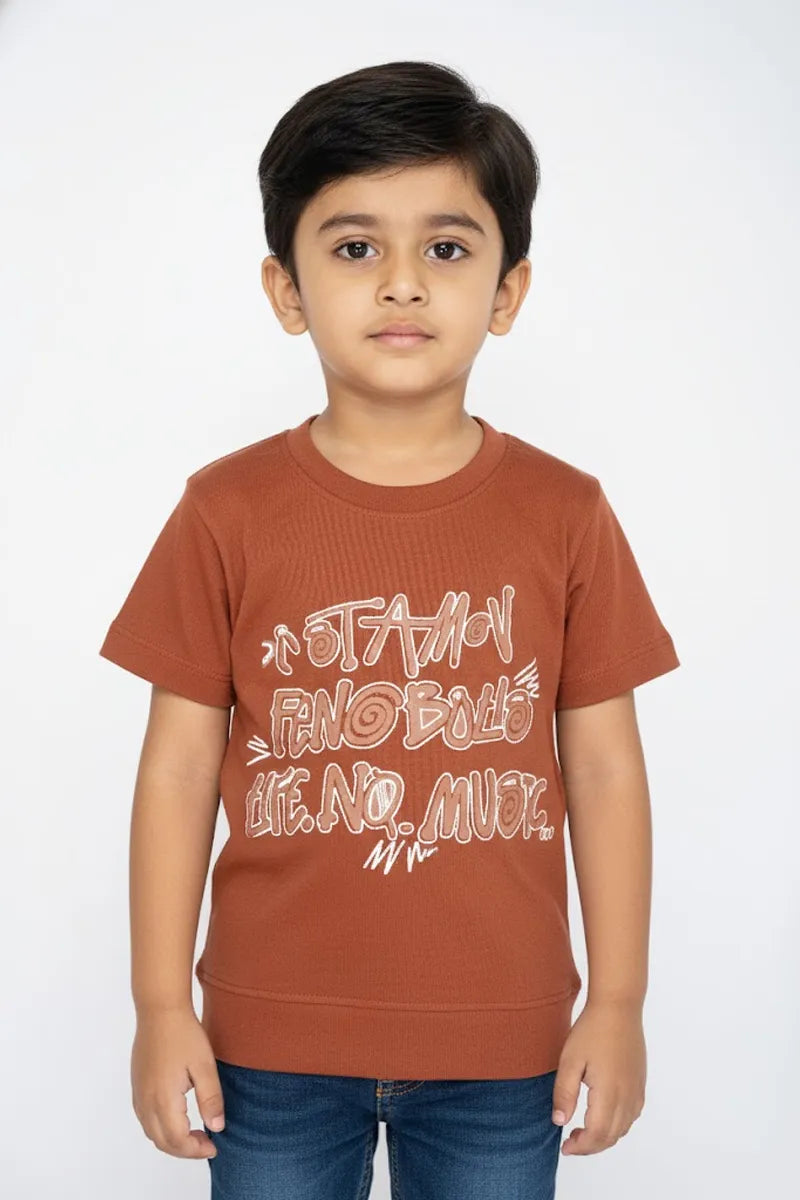 Boy's Cotton Blend Printed T-Shirt - Brown - View 1