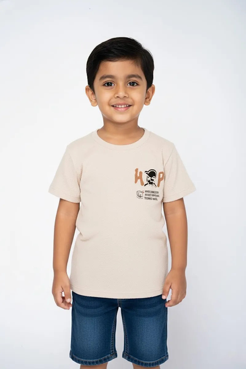 Boy's Cotton Blend Printed T-Shirt - Beige - View 1